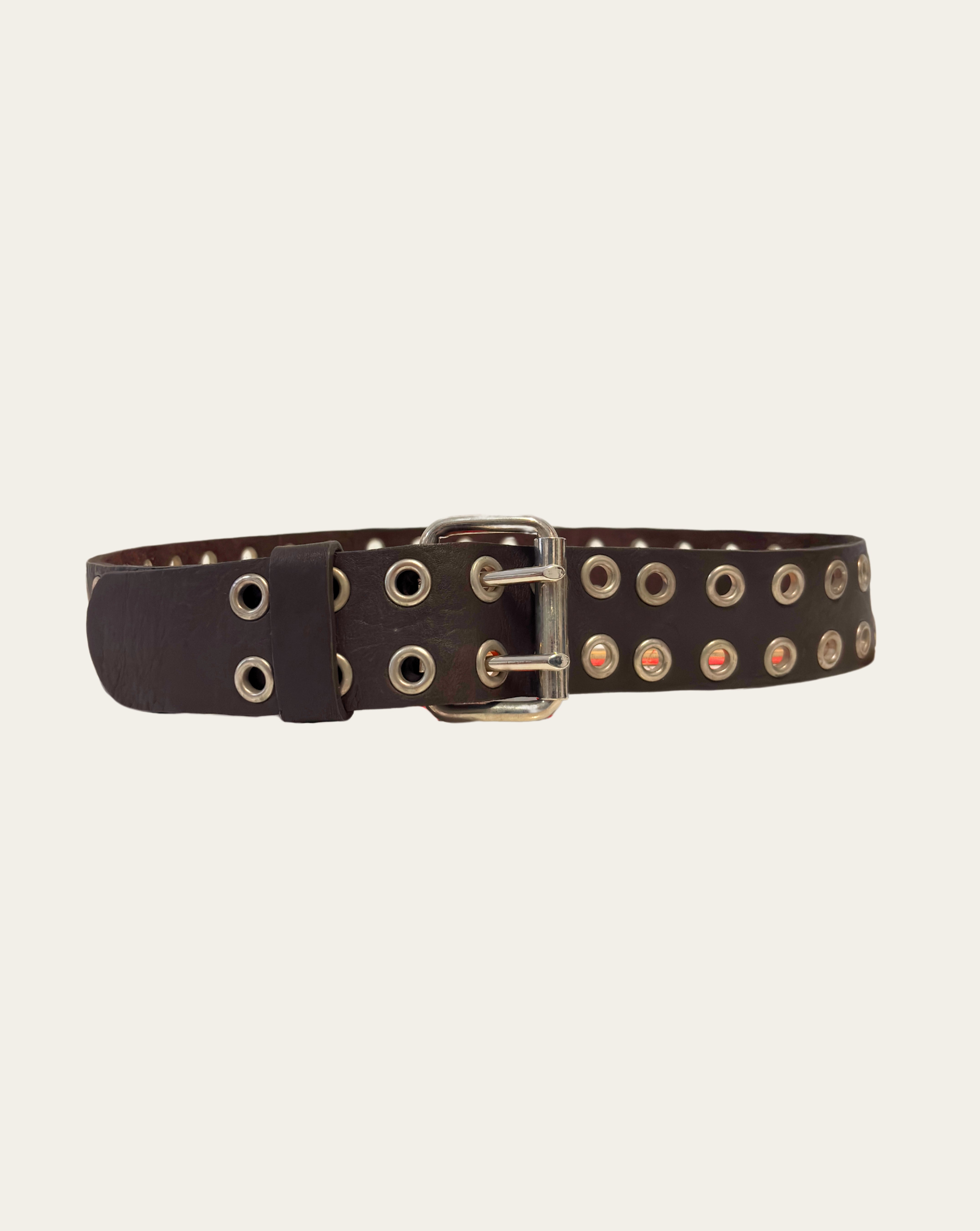 Dark Brown Leather Belt with Double Holes and Nickel Grommets