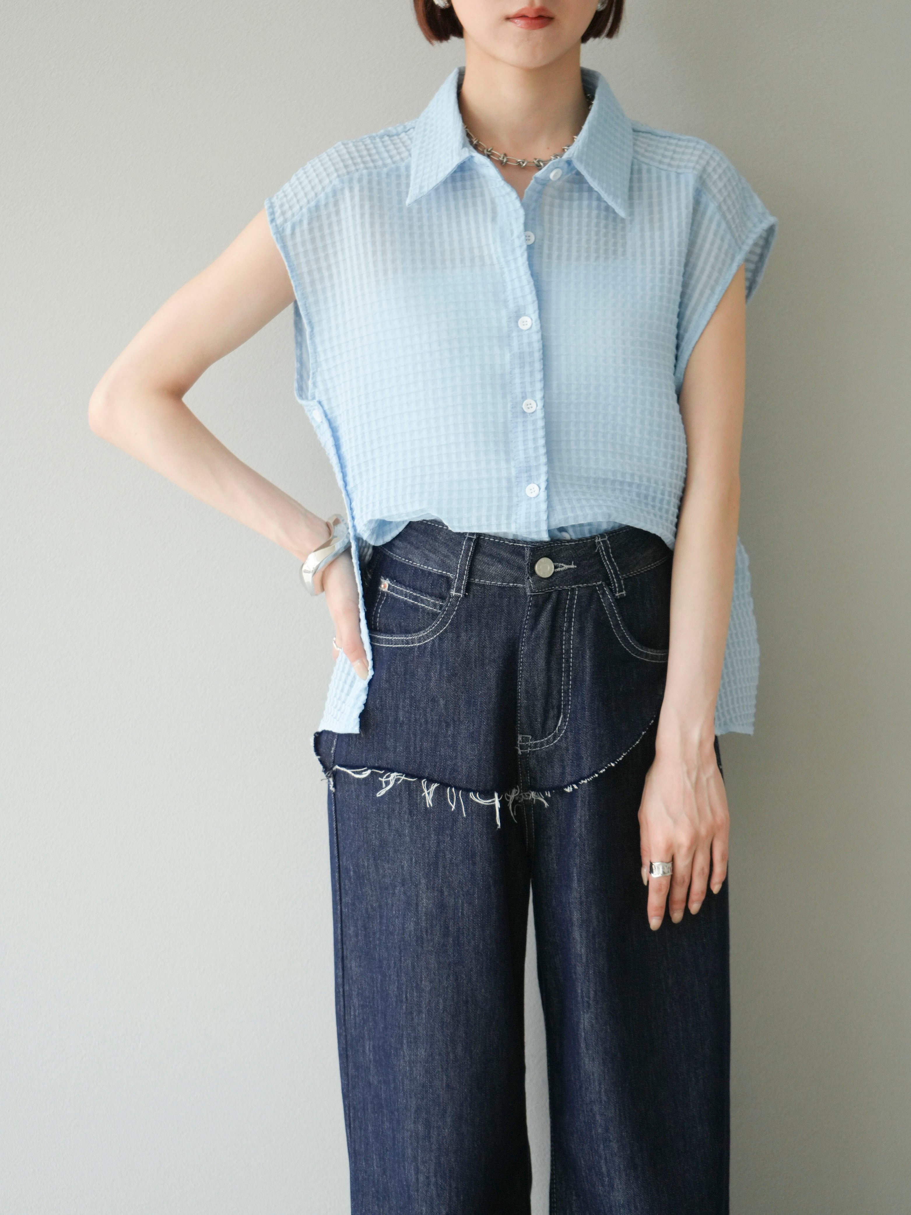 予約]シアーチェックノースリーブシャツ/ライトブルー – Lumier
