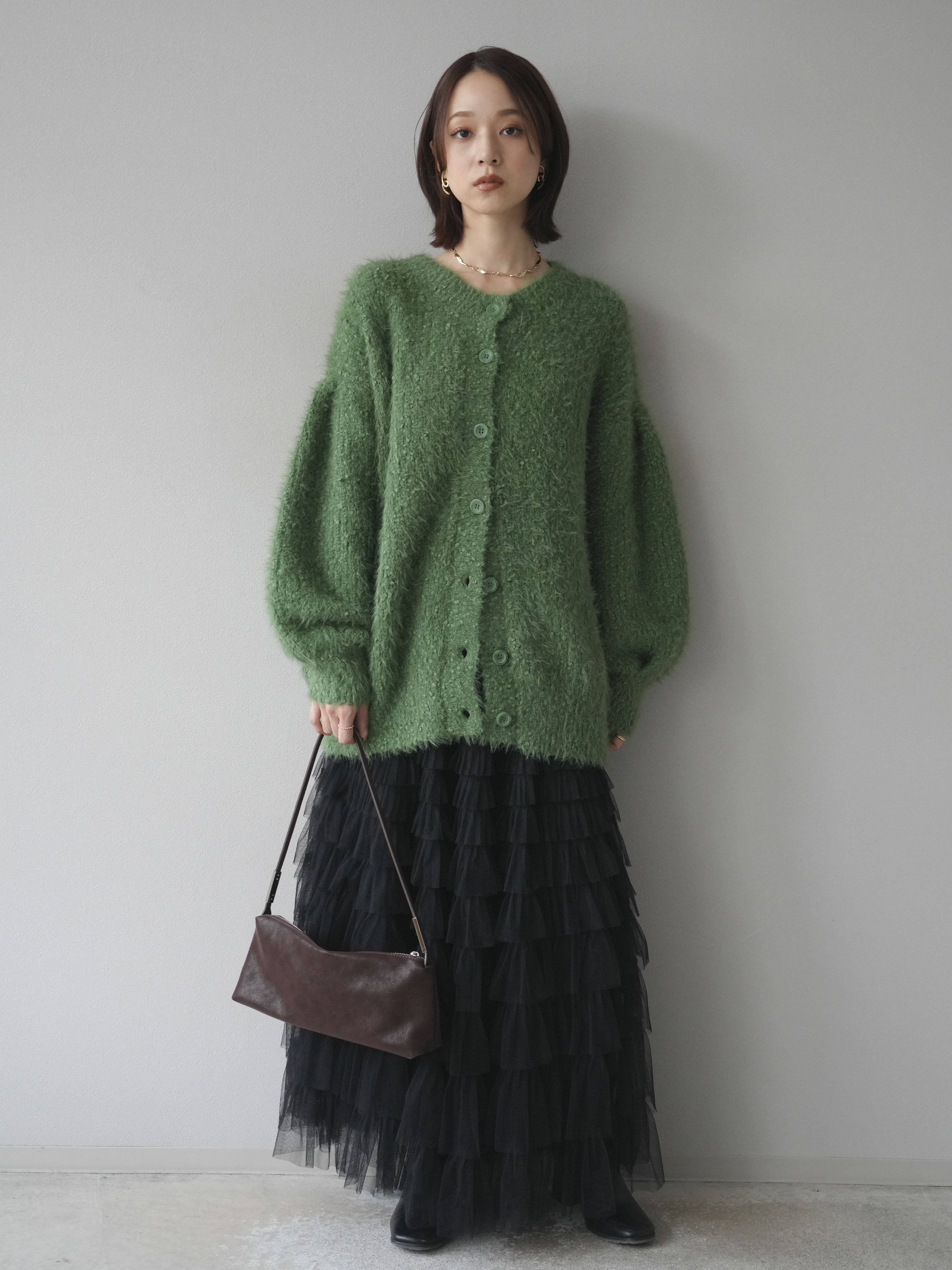 予約]クルーネックランダムシャギーカーディガン/グリーン – Lumier
