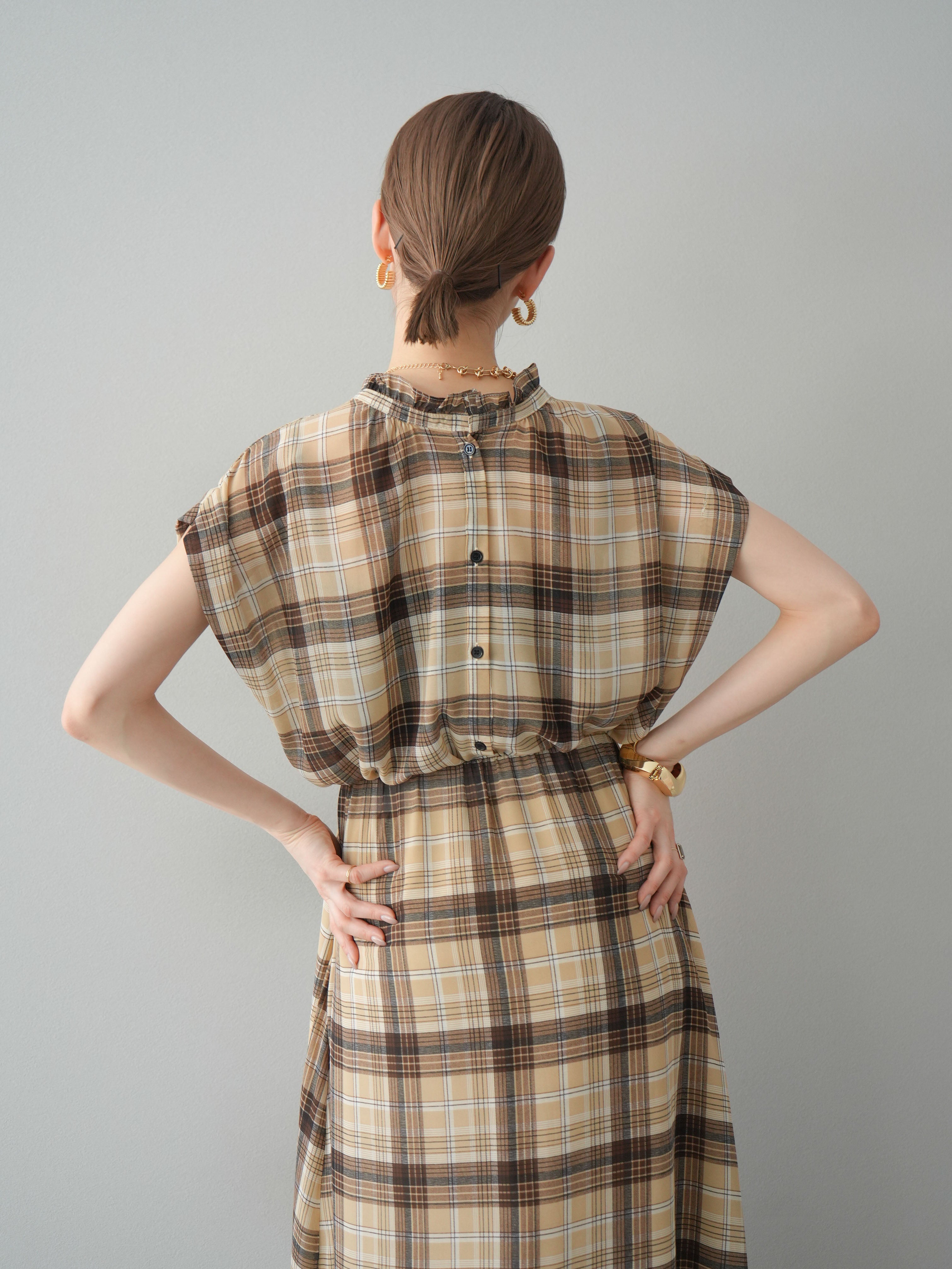 予約]2WAYシアーチェックフレンチスリーブブラウス/ベージュ – Lumier