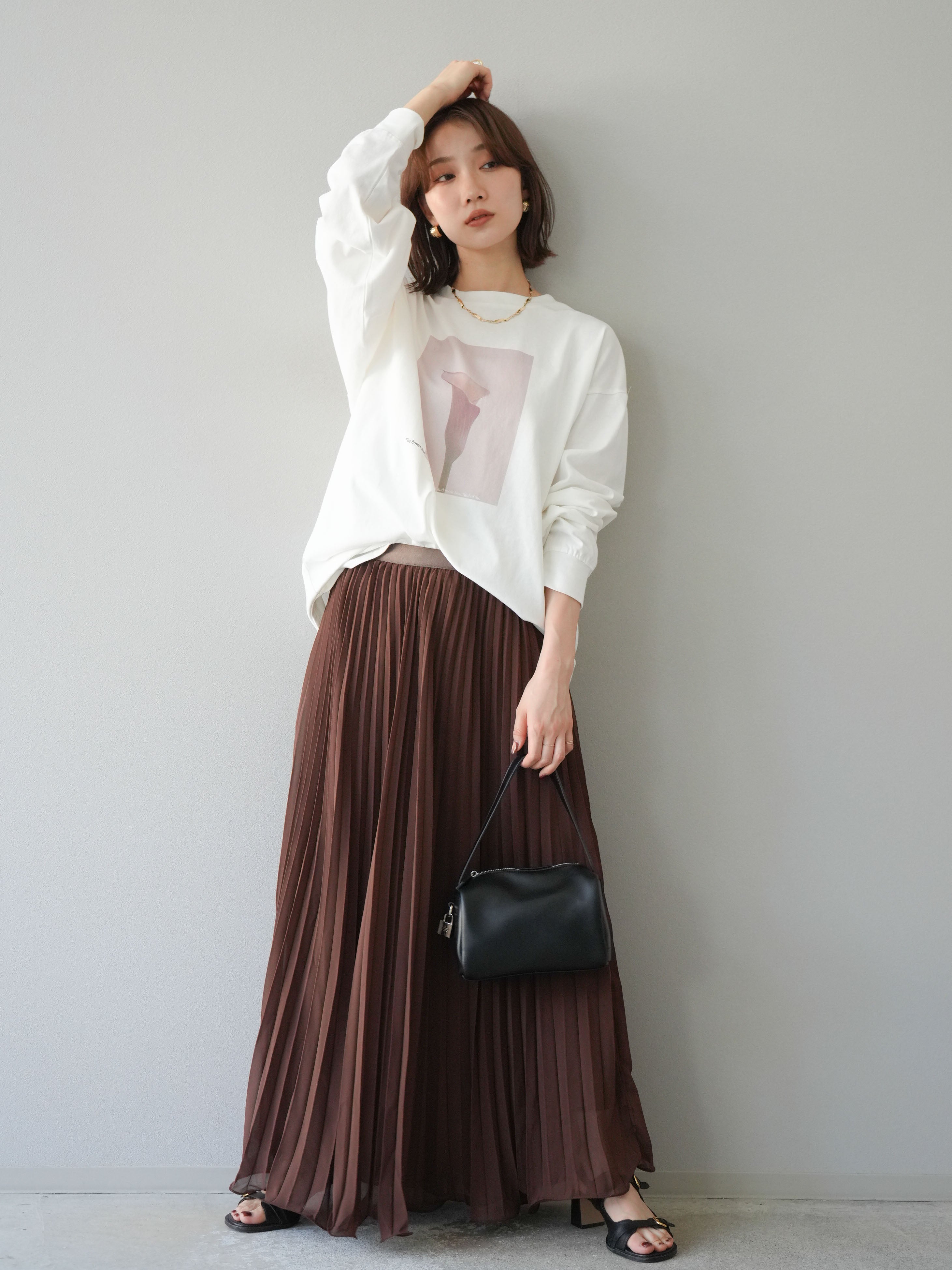 予約]シフォンプリーツパイピングスカート/ブラウン – Lumier