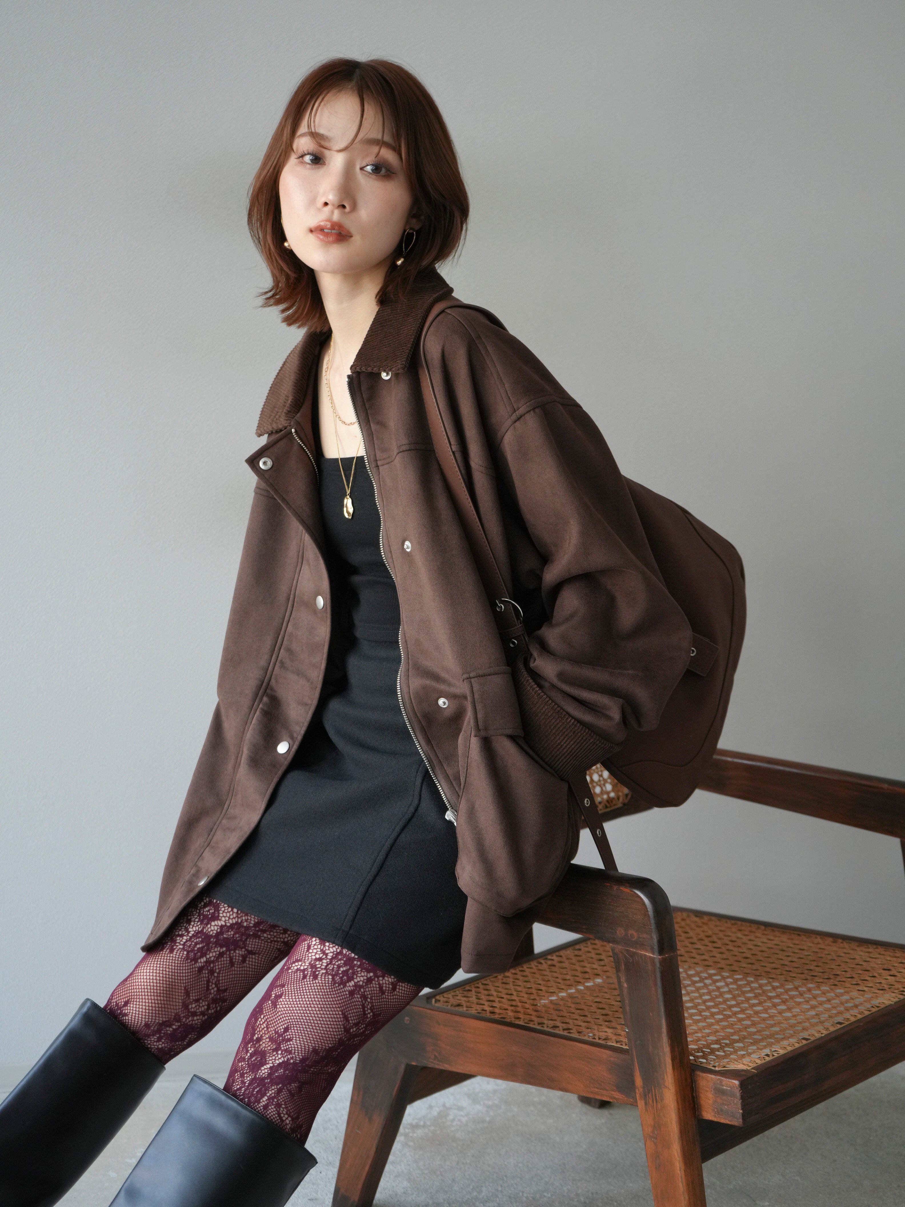 予約]コーデュロイ襟スウェードミドルジャケット /ブラウン – Lumier