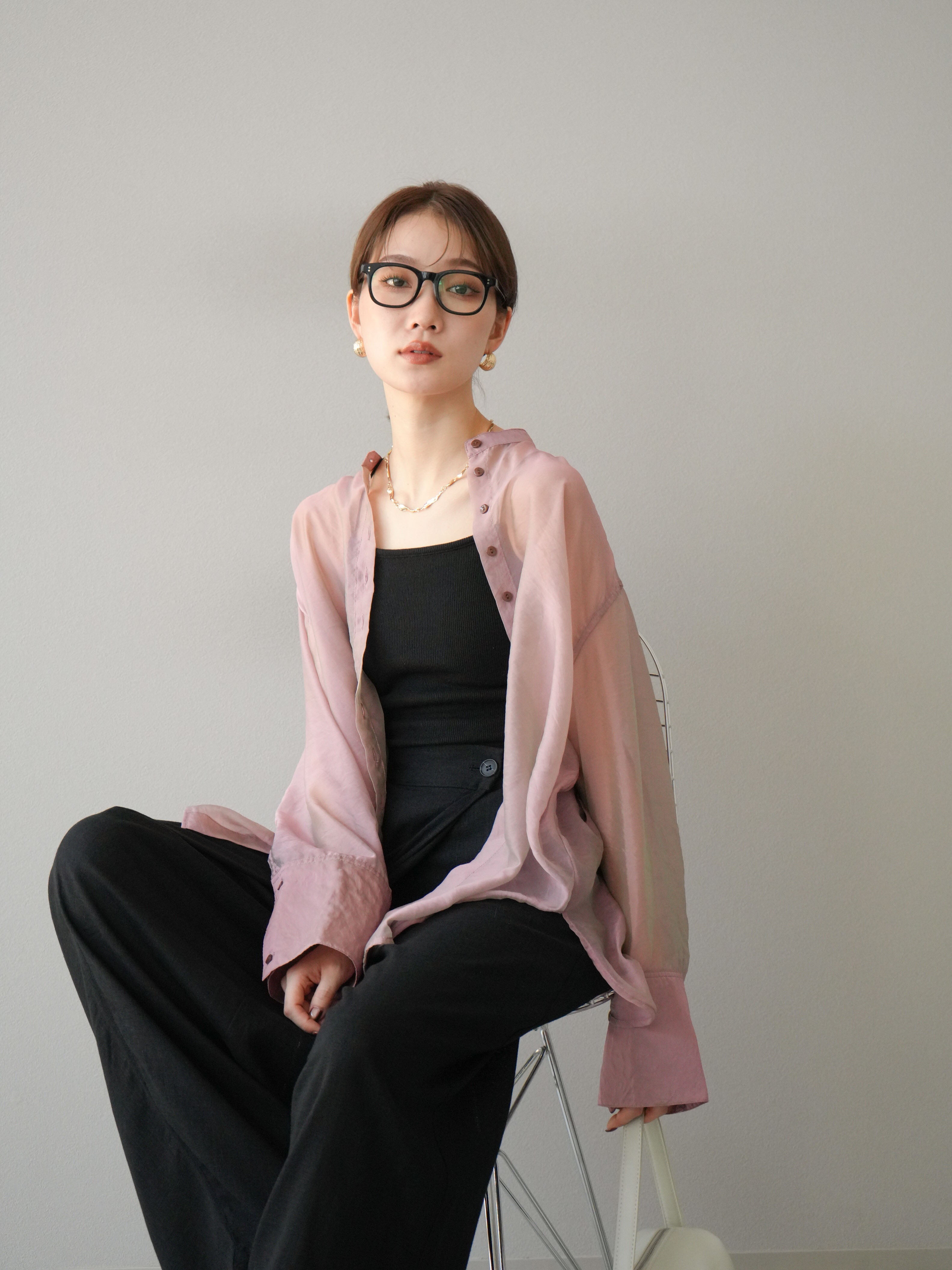 予約]シャイニーシアーバンドカラーシャツ/ピンク – Lumier