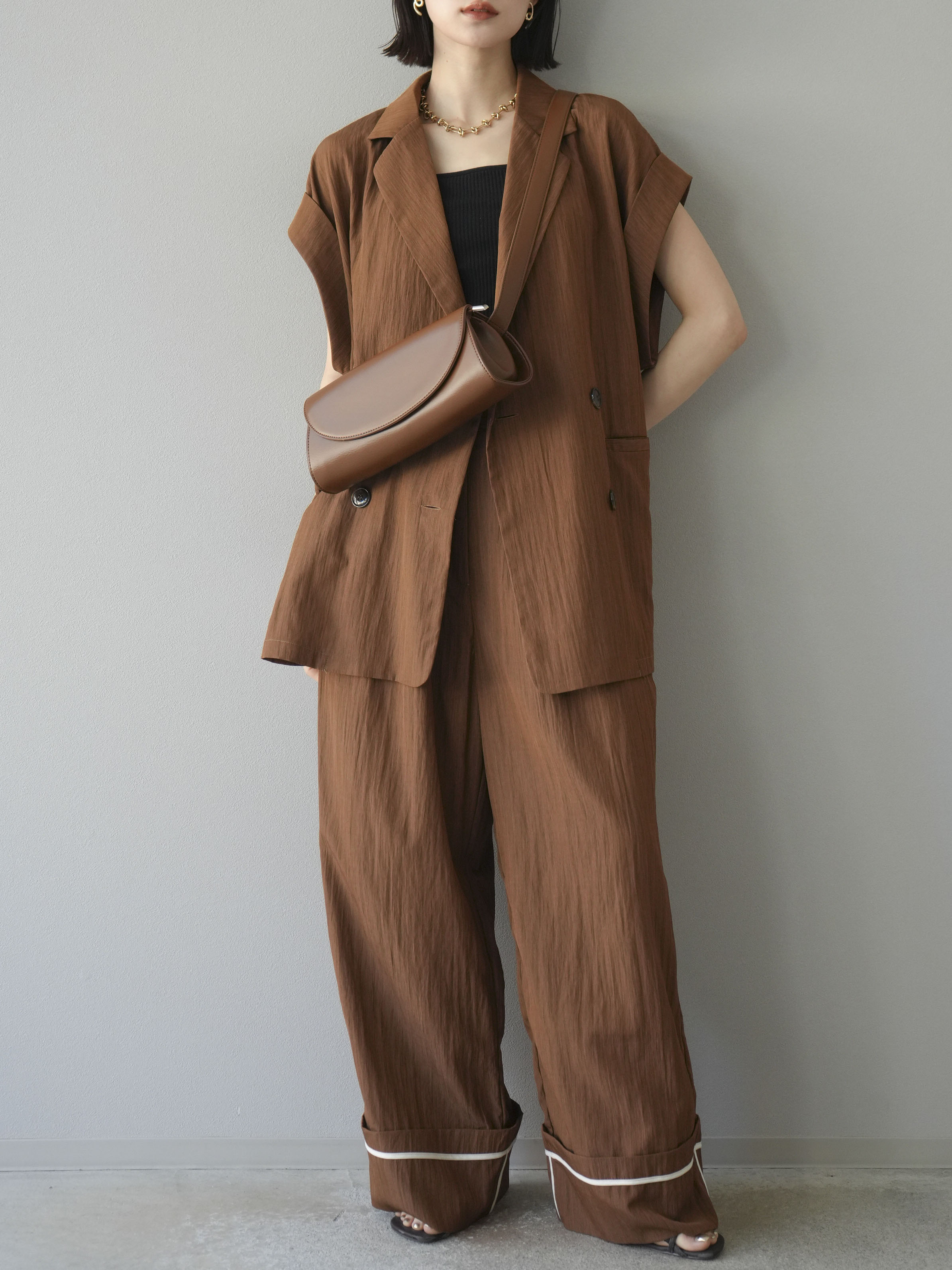 SET]リネンライクノースリーブダブルジレ+リネンライク裾リターン