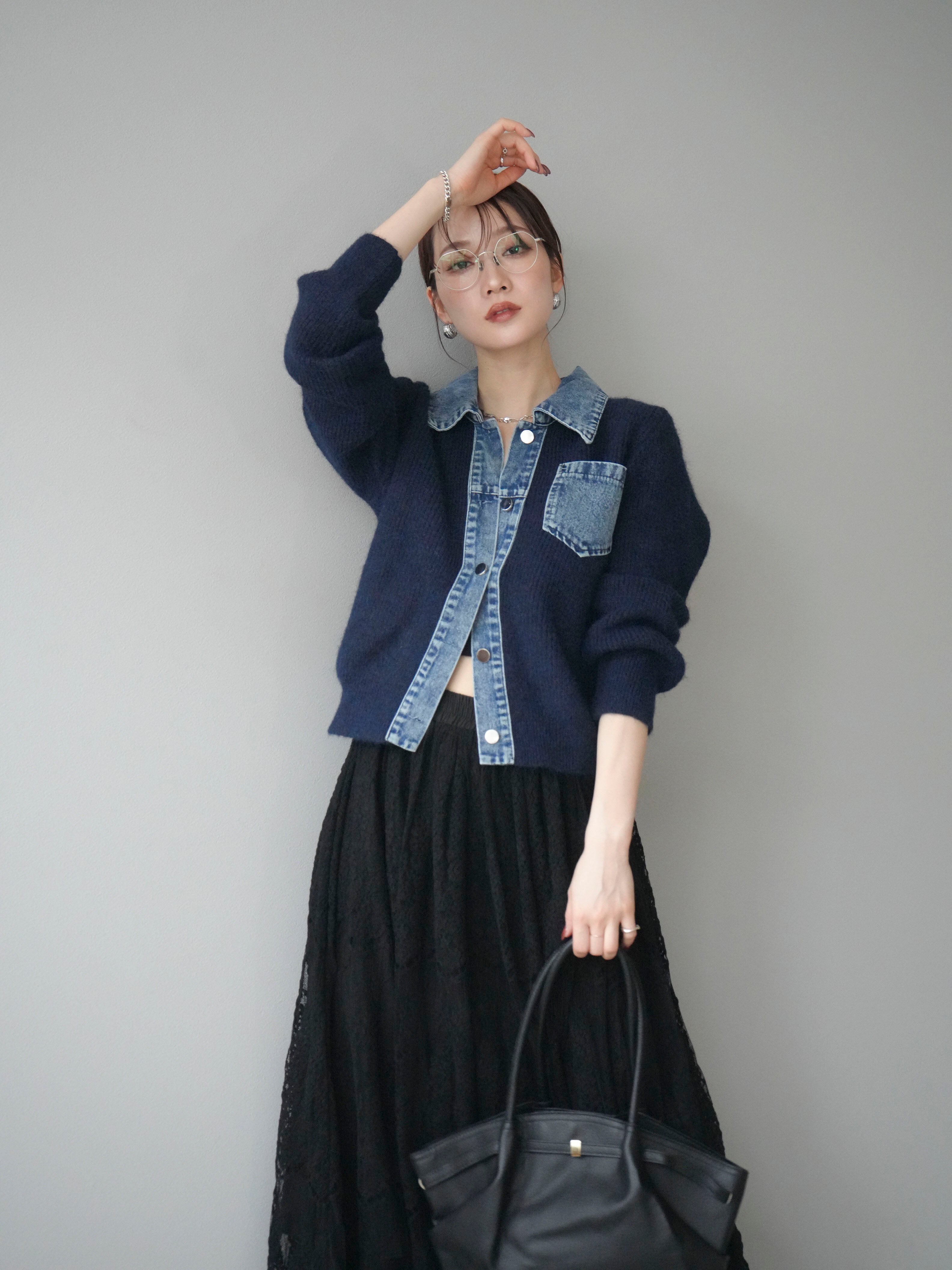 予約]デニム襟ポケットニットカーディガン/navy – Lumier