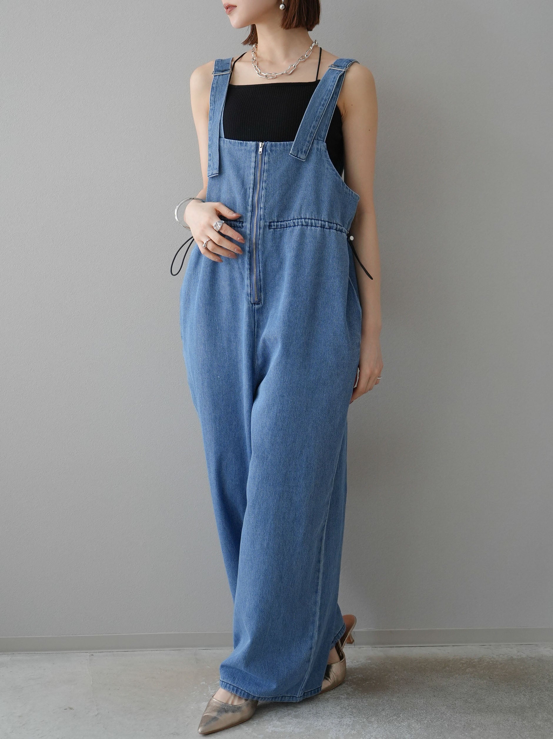 予約]ジップデザインドロストデニムサロペット/ブルー – Lumier