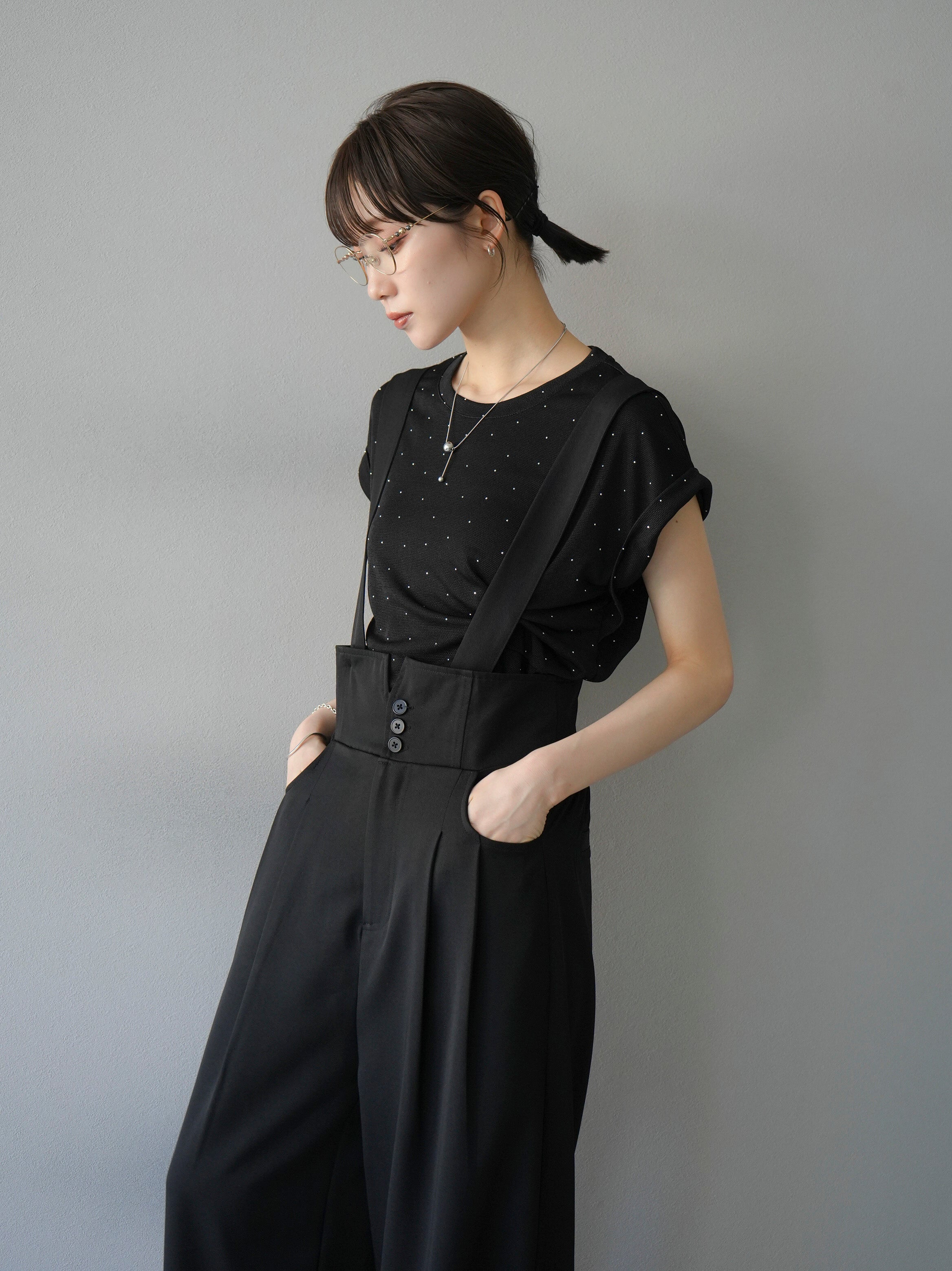 予約]ハイウエストサスペンダーワイドパンツ/ブラック – Lumier