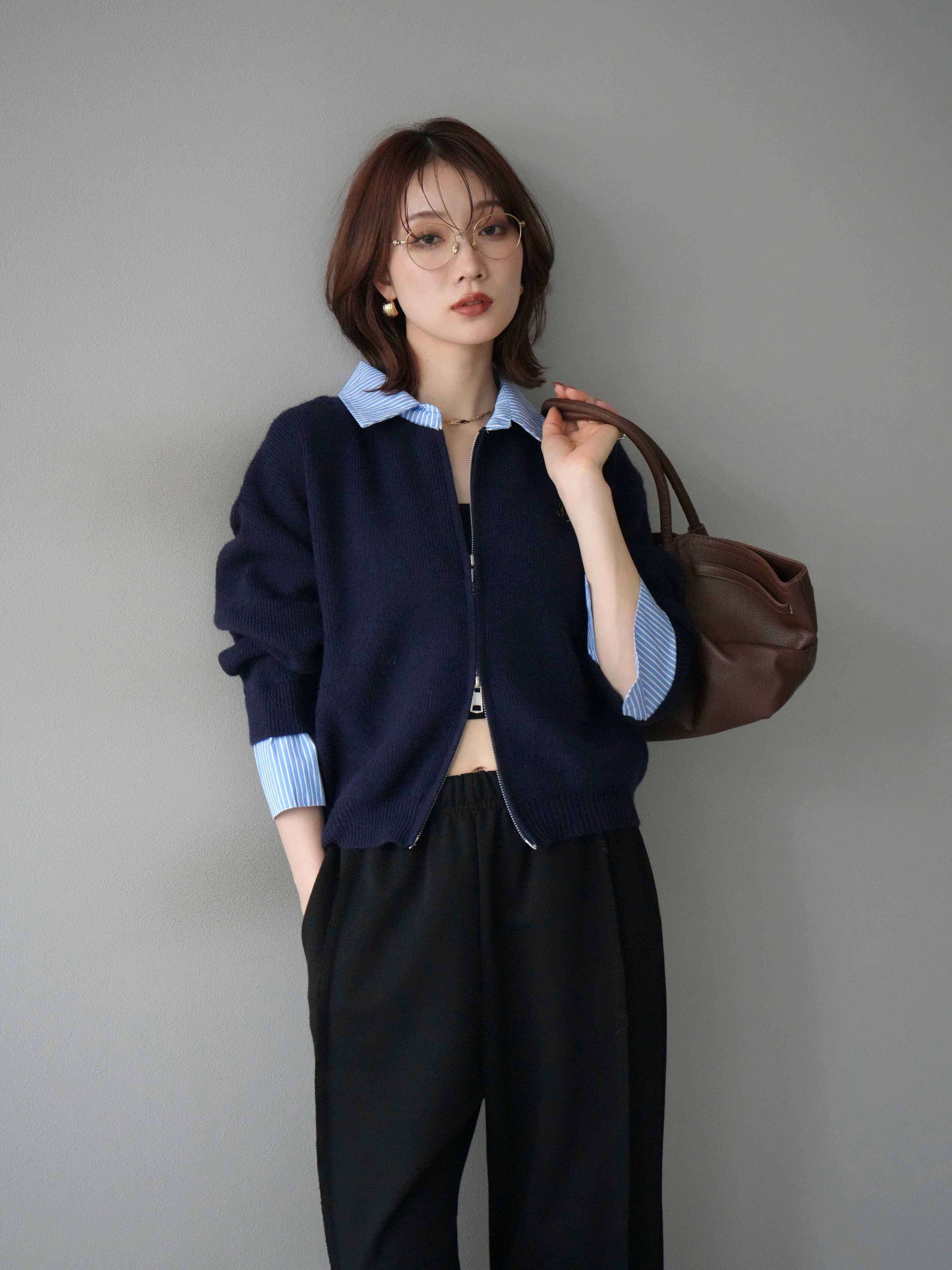 予約]ストライプシャツレイヤードZIPニットカーディガン/navy – Lumier