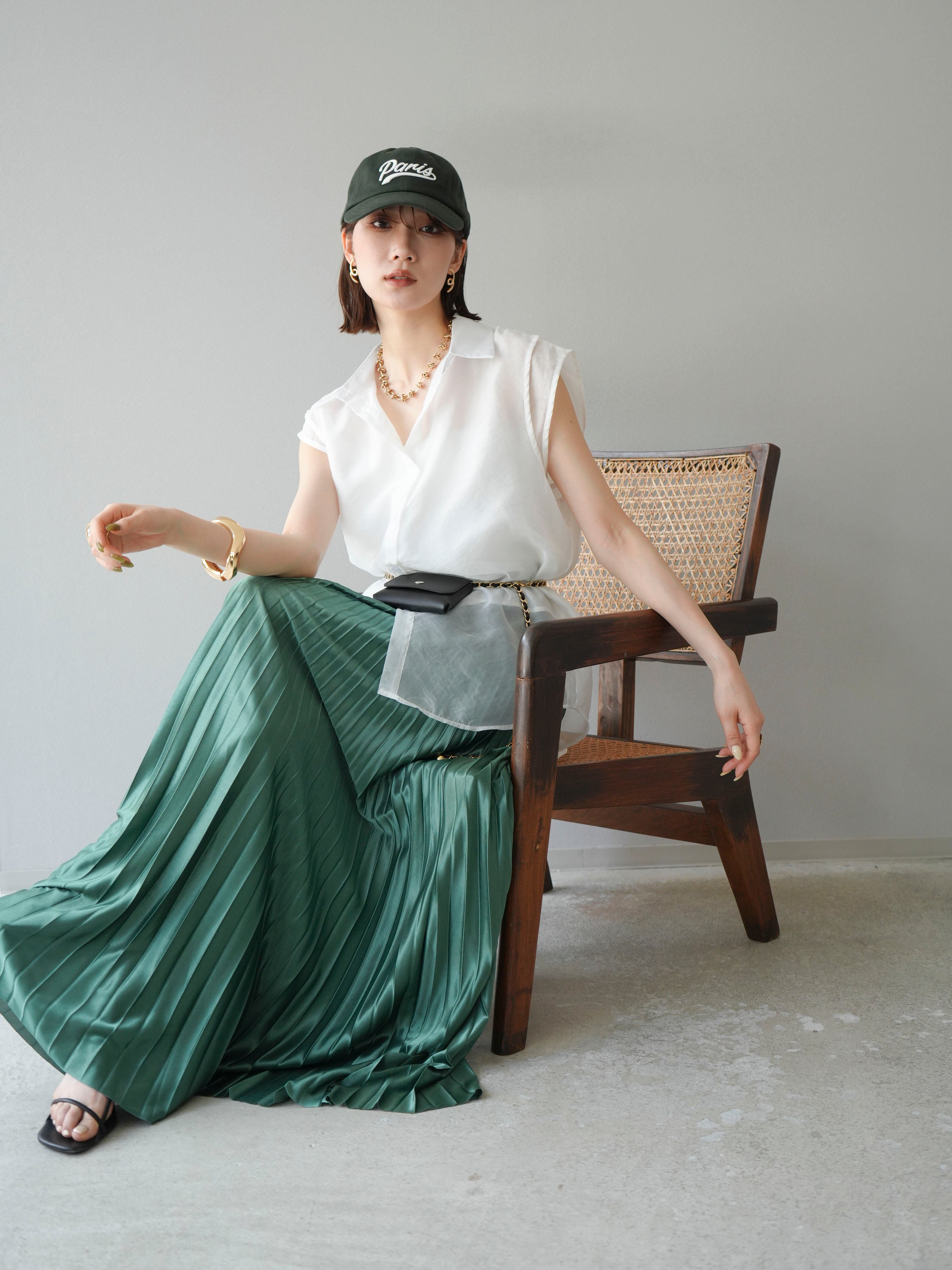 SET]オーガンジーレイヤードシアーシャツ+サテンプリーツマキシ