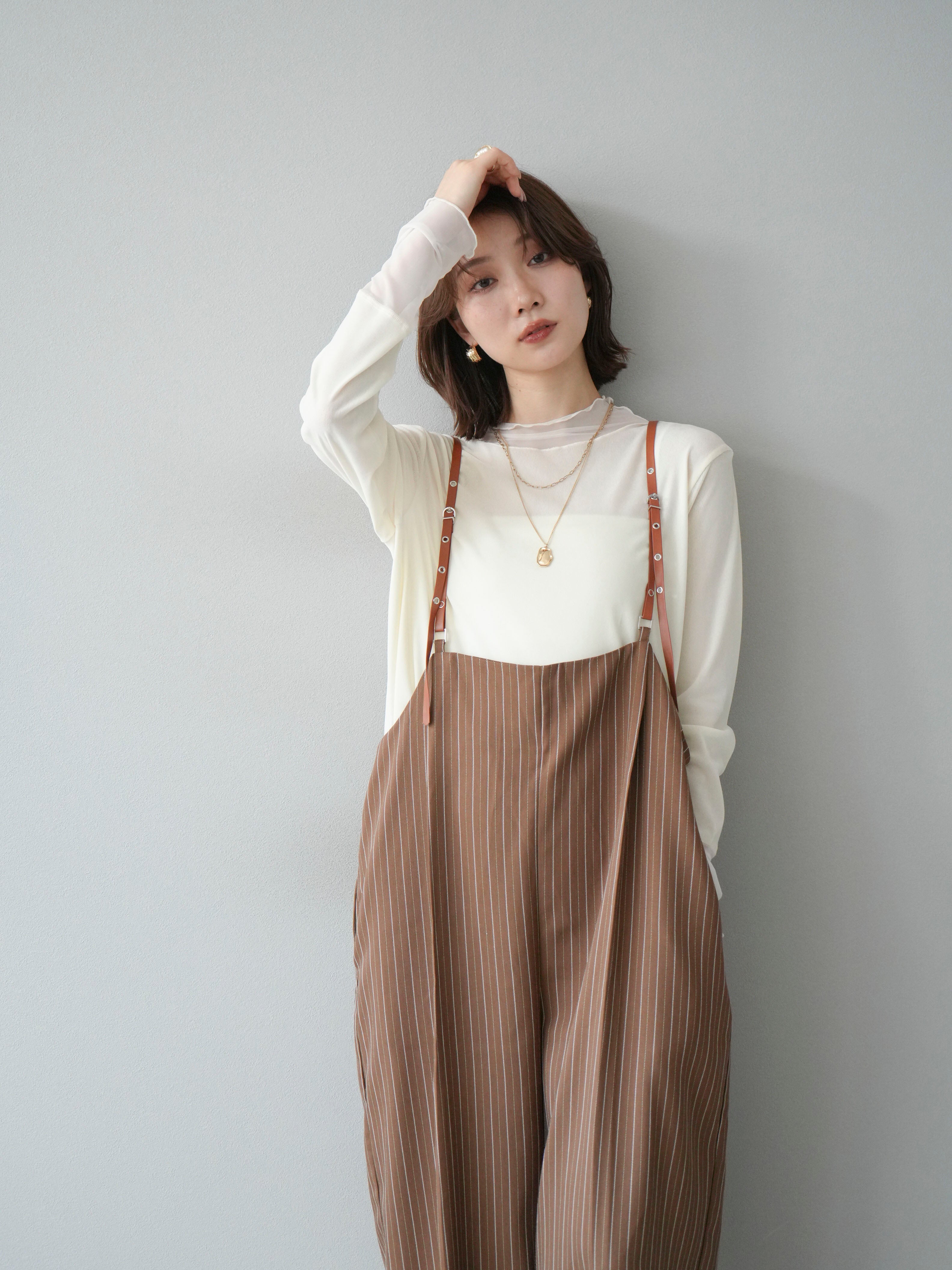 SET]ヘリンボーンストライプサロペット+シアー切替ベロアトップス(2set