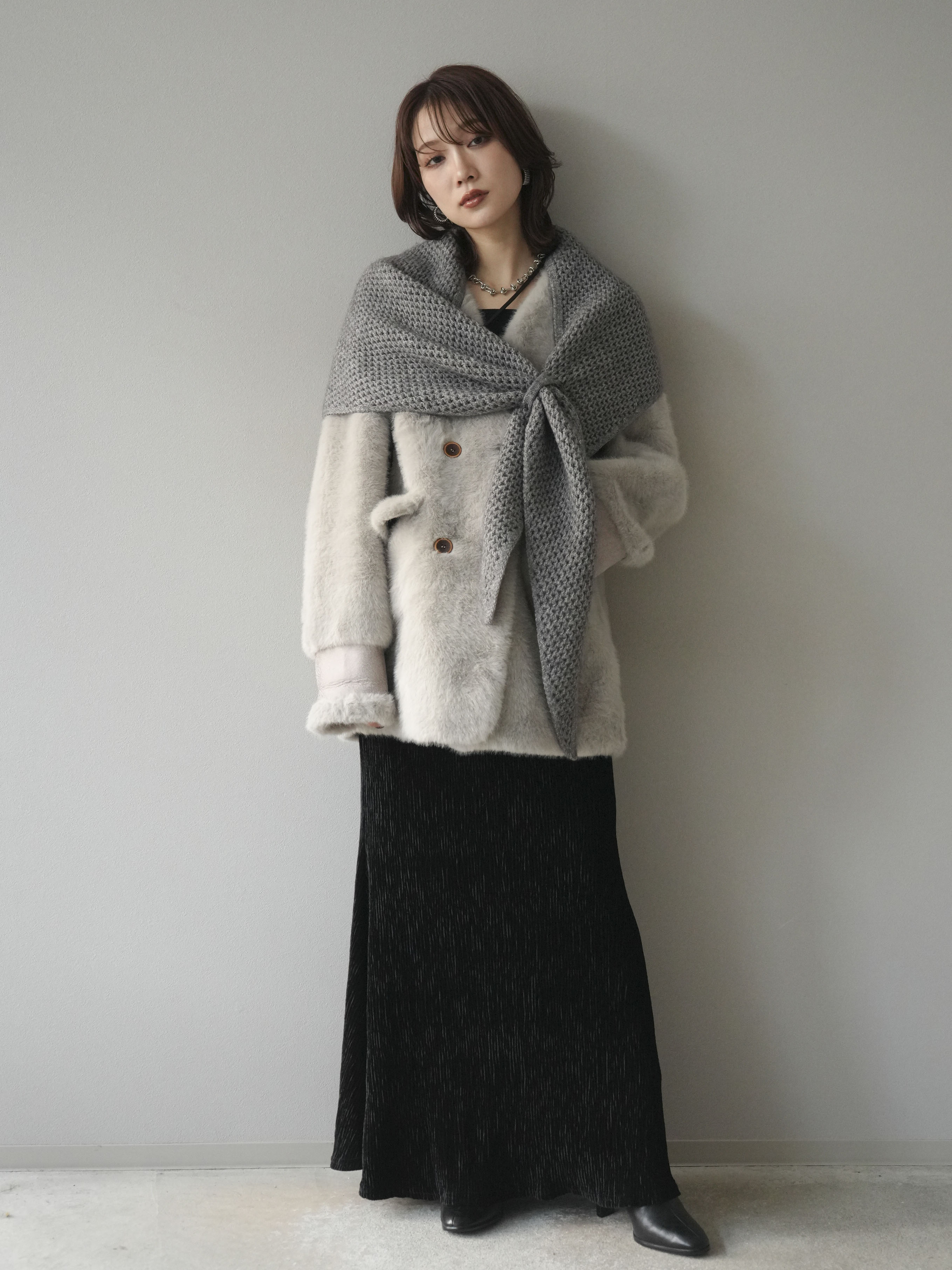 予約]バッグ付エコファーノーカラーコート/gray – Lumier