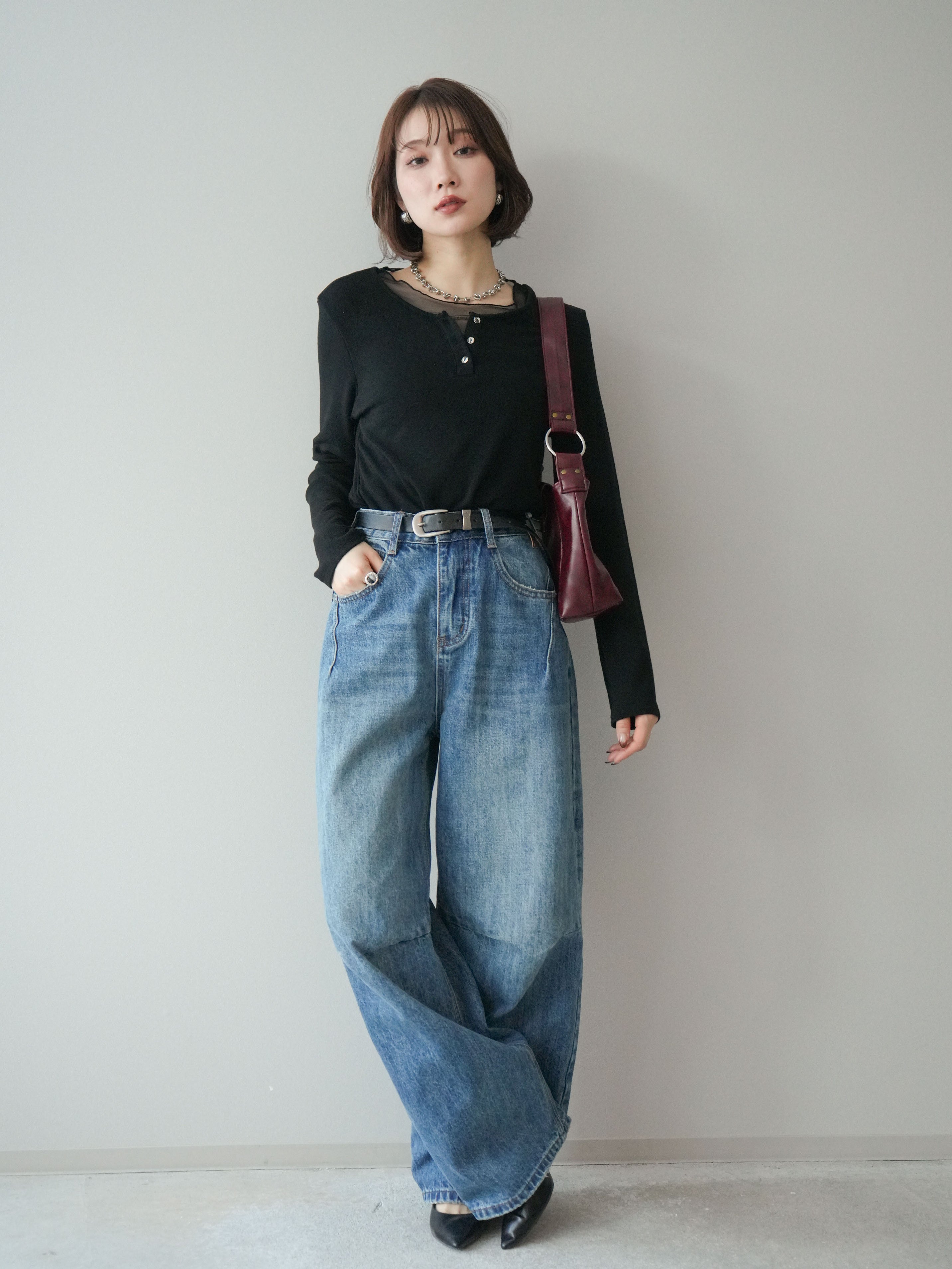 予約]ベルト付3Dカーブワイドデニムパンツ/blue – Lumier