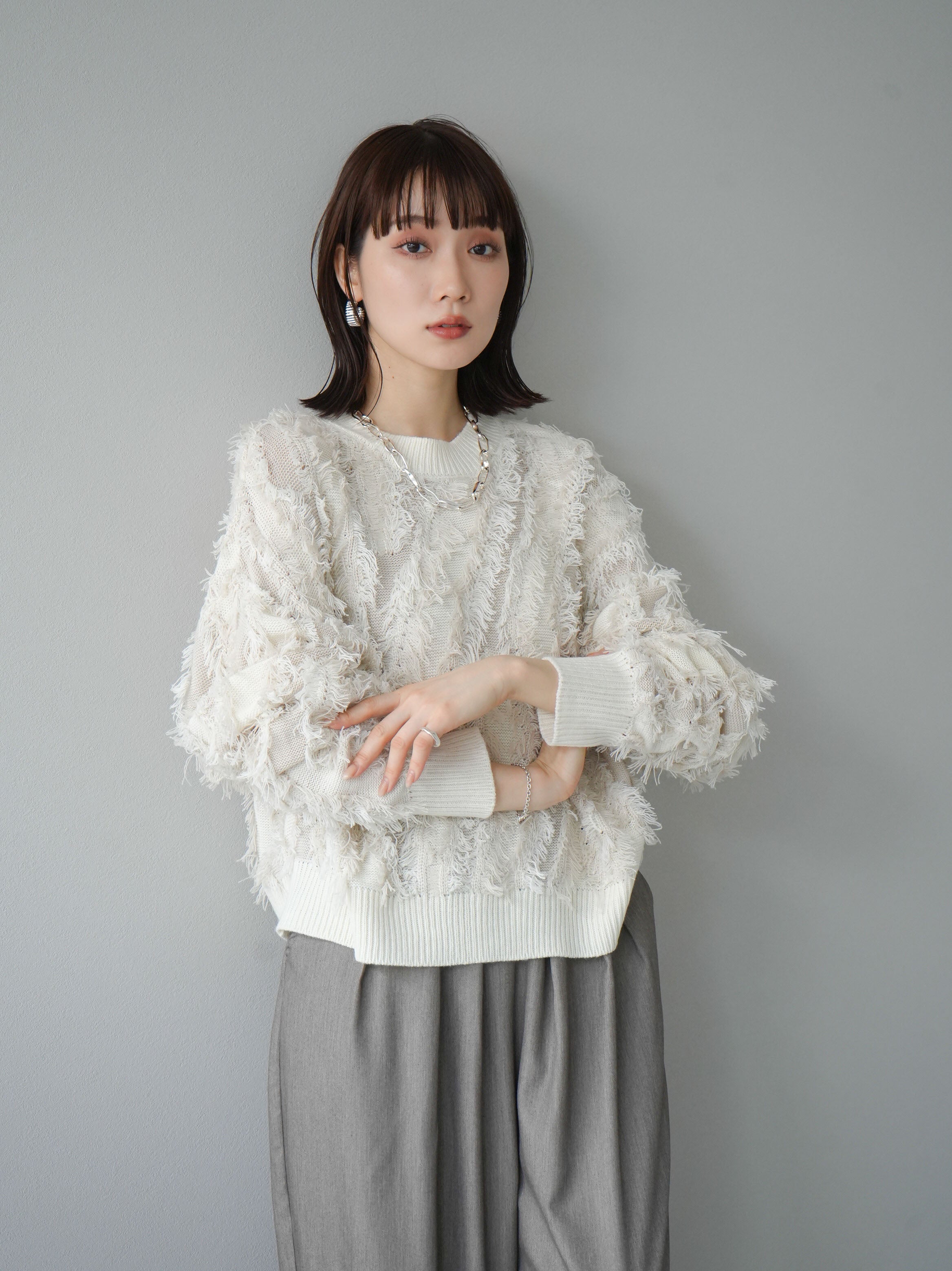 予約]ミックスフリンジニットプルオーバー/アイボリー – Lumier