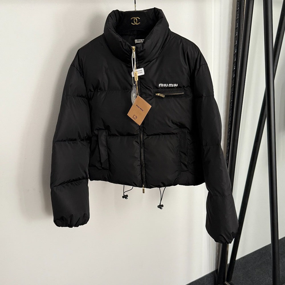 Miu Miu Cropped Logo Down Puffer Jacket – Black – LUXE LIVING FASHIONS