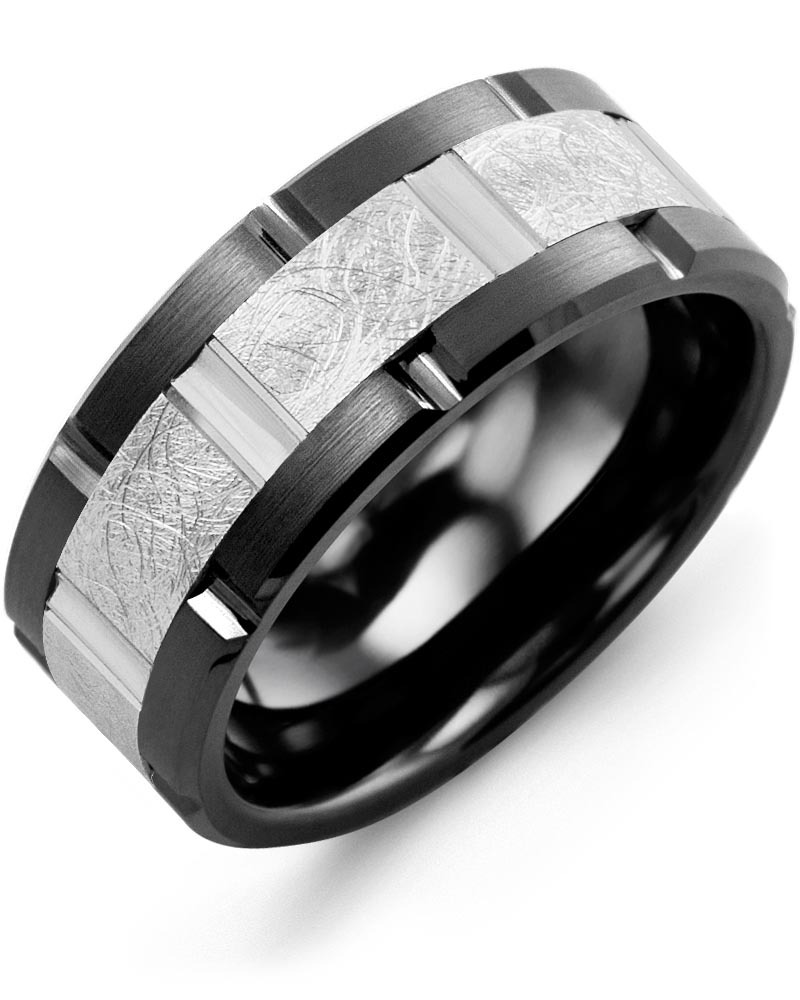 Men's Textured Grooved Wedding Ring in Black Ceramic Brush Grooves