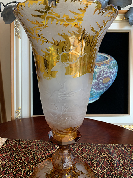 陶器・ガラス | ボヘミアンガラス グラヴィール花器 鹿模様(黄色