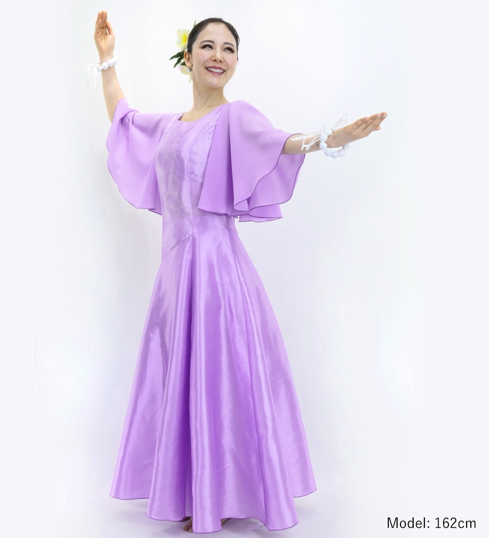 ロング丈】 フラドレス ドレープ袖 ハイビスカス ラベンダー J3062lv