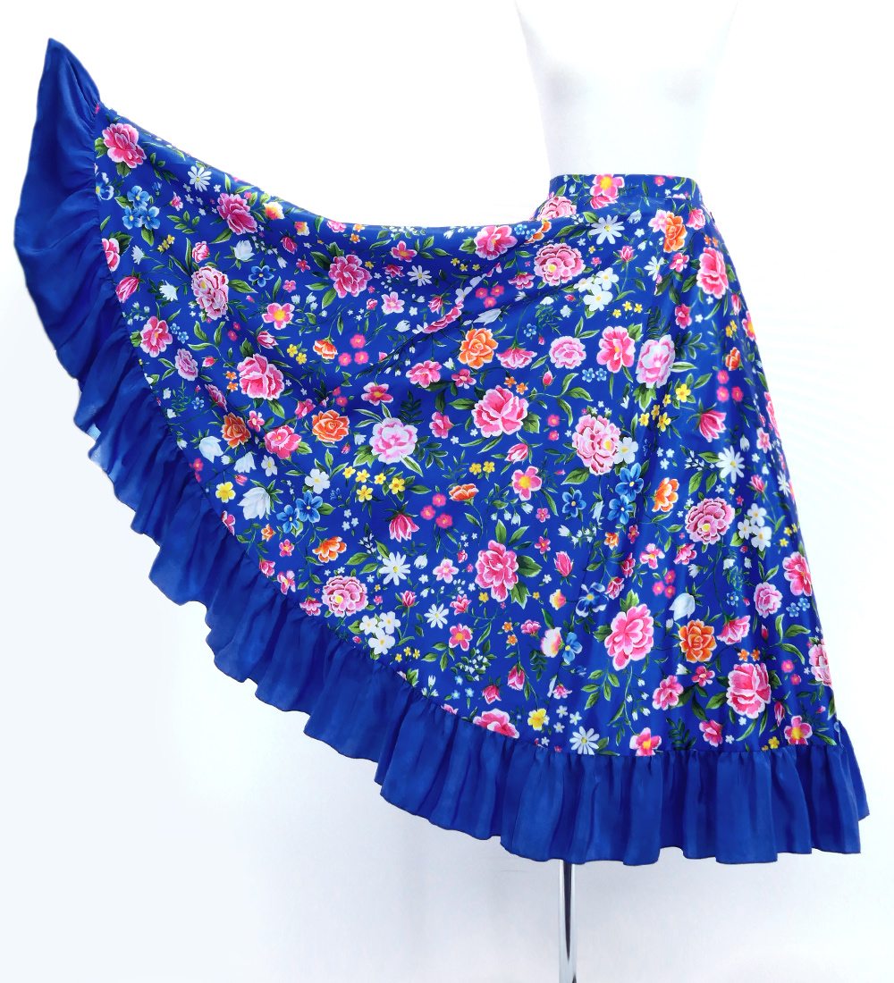 フラメンコ フリル ロングサーキュラースカート 花柄 ブルー FS-18