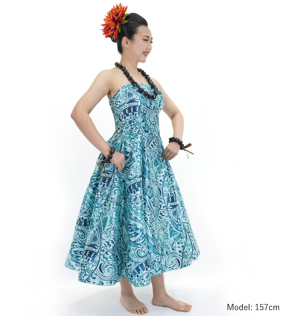 ミディ丈】フラドレス モアナ×カヒコ柄 ターコイズブルー J2755tbl