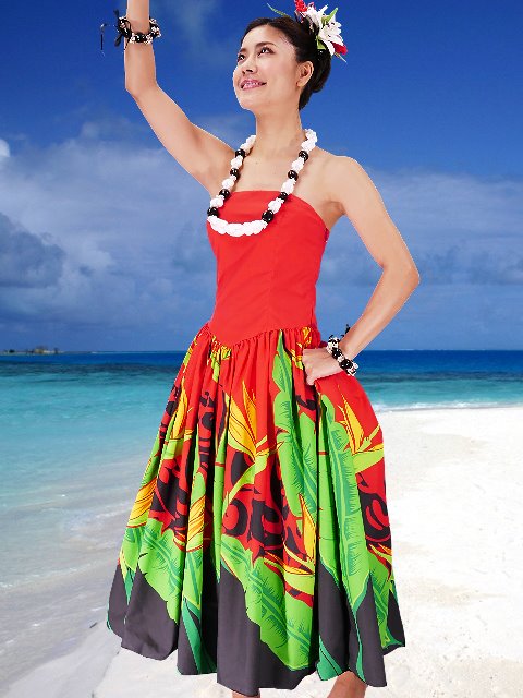 フラダンスムームー ストラップレス ミディ丈ドレス レッド 2090r