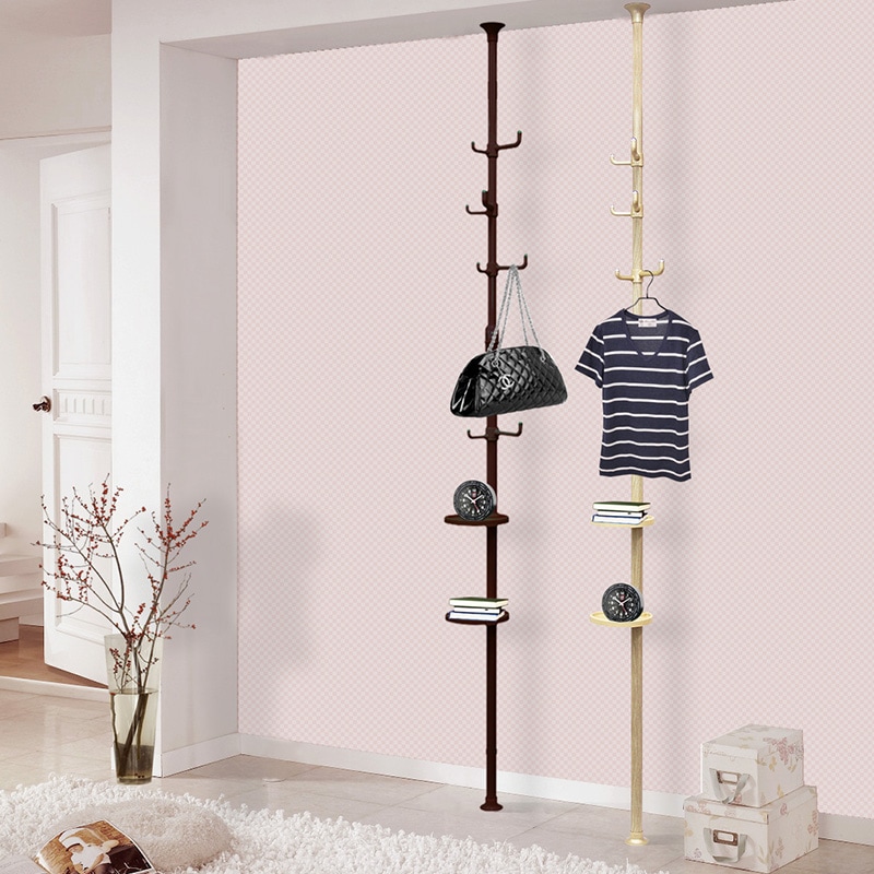 簡単】ワンタッチ式突っ張りポールハンガー トレイ付 フック付 高170cm