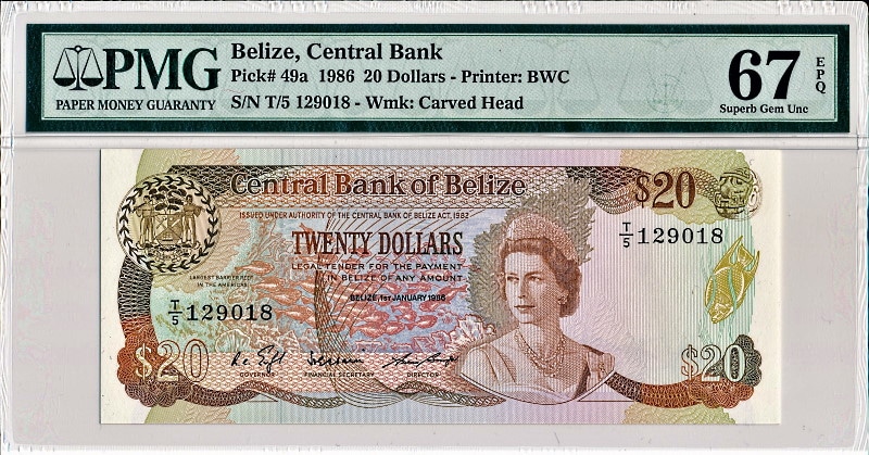 ベリーズで1986年に発行された、エリザベス2世の20ドル紙幣、Pick49a