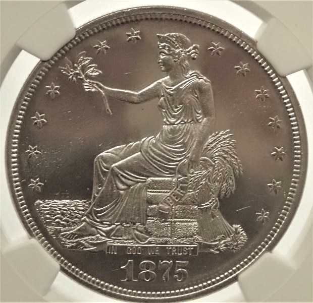 アメリカで1875年に発行されたトレード・ダラーのプルーフ貨、KM-108