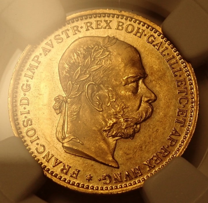オーストリア1895年の20コロナ金貨、世界最高鑑定のプルーフライク貨