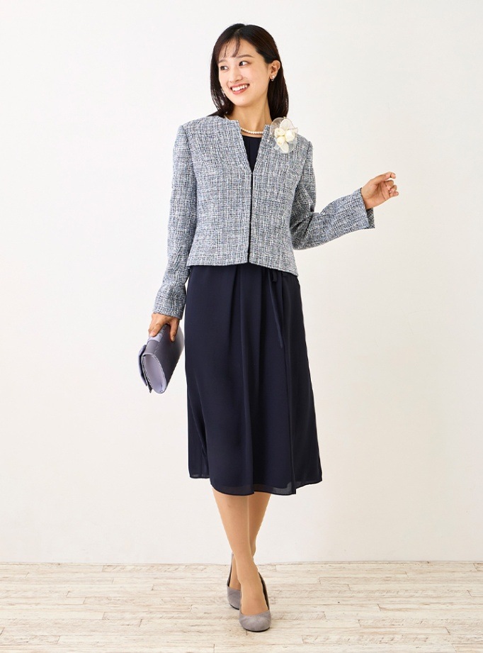 商品番号2003700]ノーカラーノーカラーラメツイードジャケット×袖