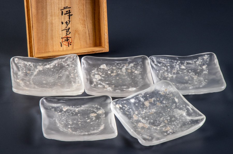 作家物】 藤田喬平 ふじたきょうへい ガラス手吹四方皿 5客 共箱 16795