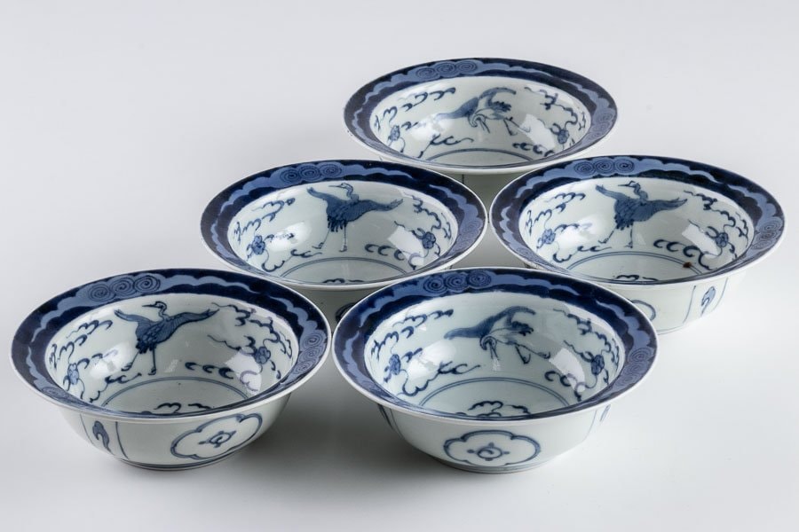 古伊万里】 染付雲鶴文兜鉢 小鉢 5客セット 江戸後期 15762 | すべての