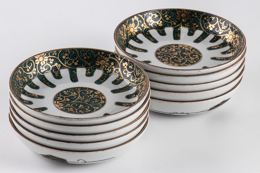 九谷焼】 九谷 青粒金彩花唐草文四寸皿 小皿 10客セット 16262