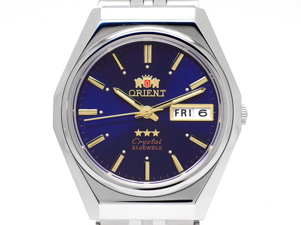 オリエント スリースター クリスタル SAB06006D8-B 青文字盤 日本製 逆