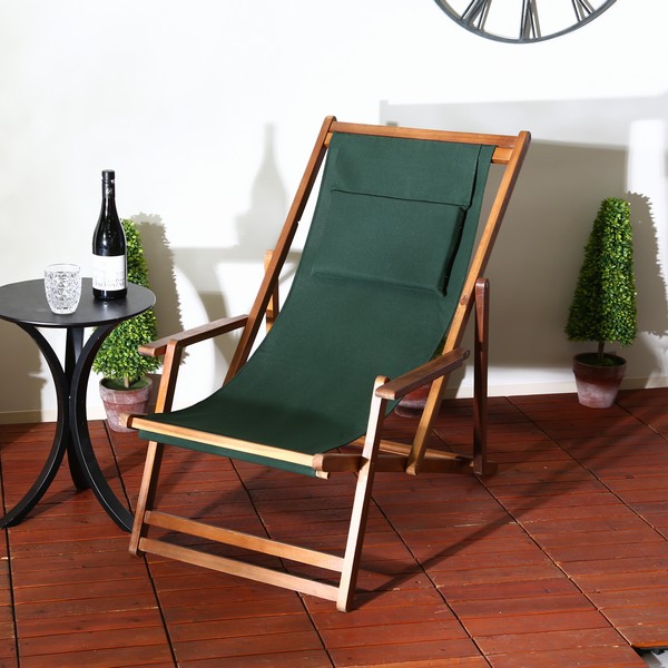 デッキチェア グリーン (79498) 木製 リクライニング 折り畳み