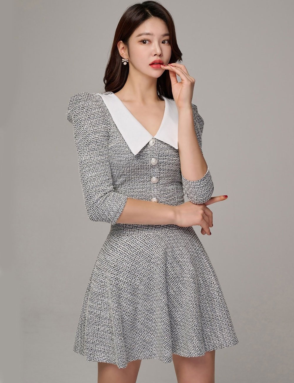 AIDMAX】ミニ/ドレス/セットアップ/ブラック/フレア/ツイード/ボタン