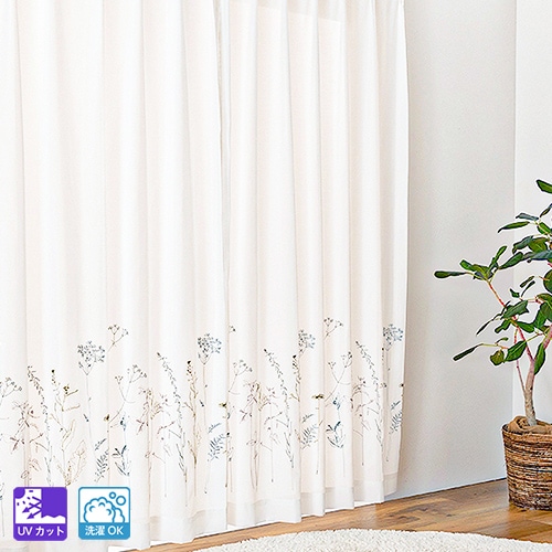 裾に花の刺繍をあしらったUVカットレースカーテン Vita Botanica