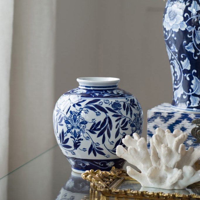 シノワズリ柄 セラミックフラワーベース ブルー＆ホワイト φ23×H23cm