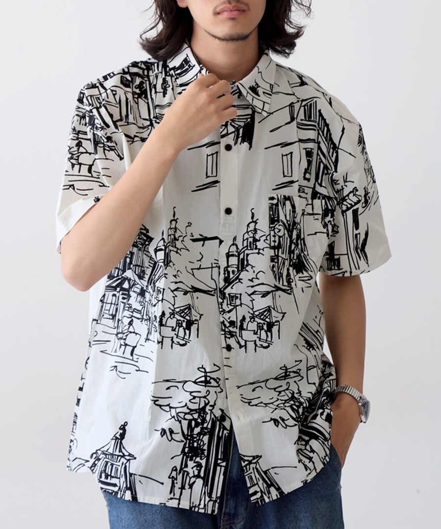 アート柄シャツ シャツ メンズ トップス 半袖 柄 綿100 送料無料・(50