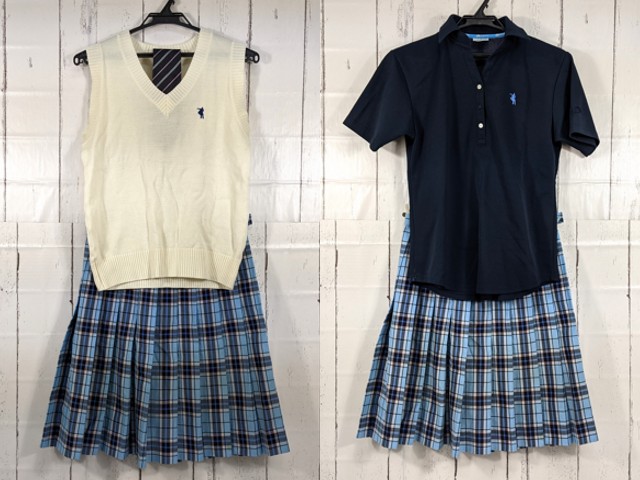 y27 クラーク記念国際高校 ニットベスト+半袖ポロシャツ+夏服スカート+