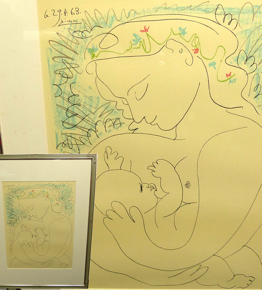 パブロピカソ 、鉛筆画 、母と子 サインあり、原画、デッサン、一点物