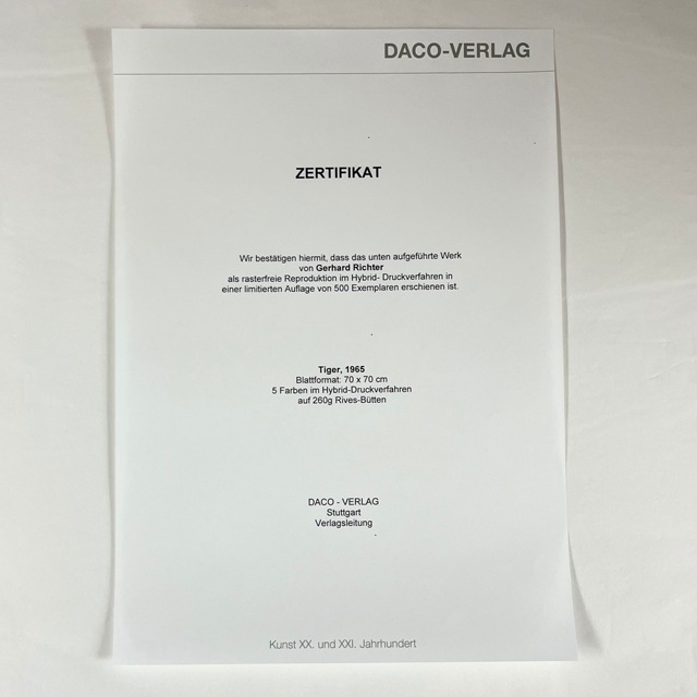 Tiger 1965 限定500枚 証明書付（ゲルハルト リヒター） ポスター販売