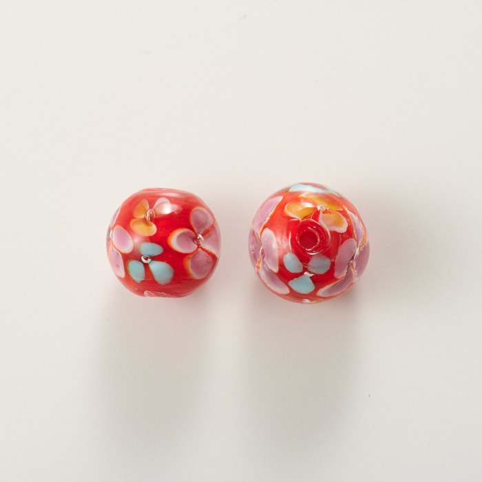 トンボ玉/ラウンド 花柄模様 約12.5×14.0mm レッド 大 | ・ガラス