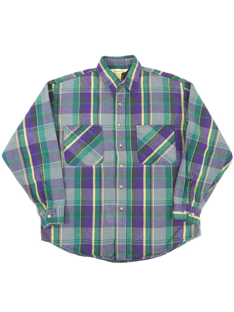 90's ST JOHN'S BAY 紫緑黄 好配色チェック フランネルシャツ 表記(L