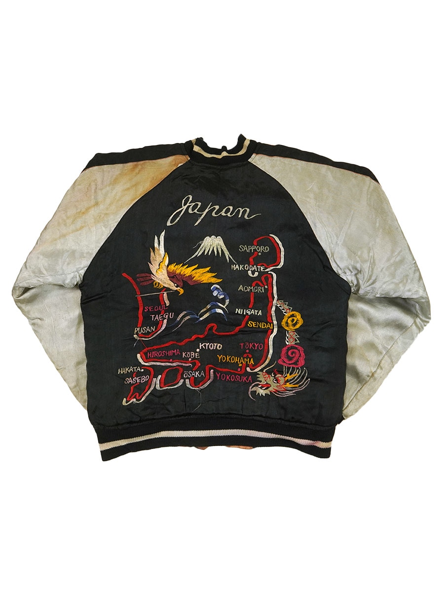 50's ビンテージ スカジャン 鷹日本地図x鷹富士 黒xピンク 表記(M