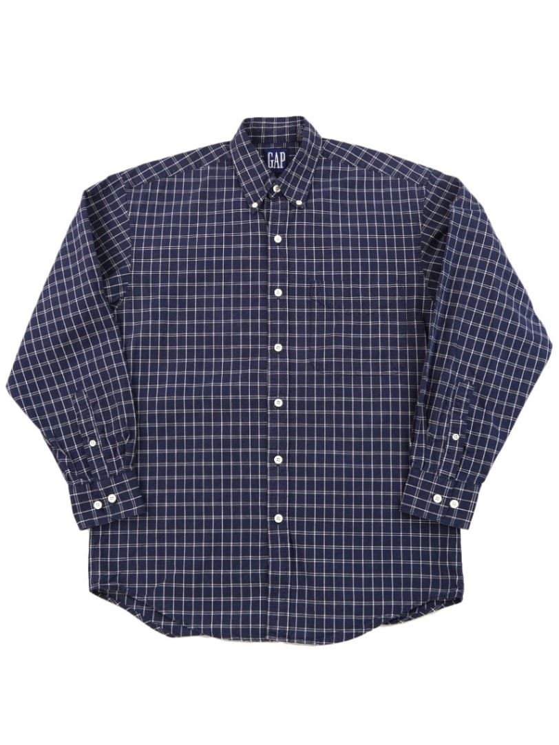 90's OLD GAP チェック柄 100%コットン B.D.シャツ 表記(S) ネイビー
