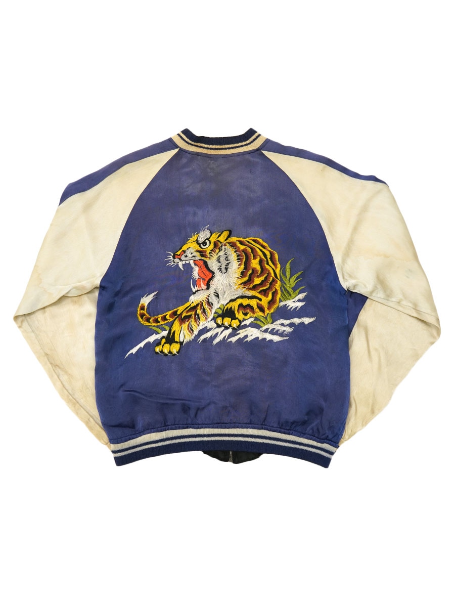 50's ビンテージ スカジャン 虎 x鷹 青x黒 実寸(L位) 中綿無し