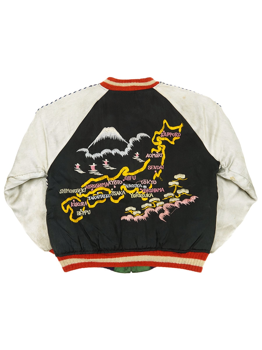 50's ビンテージ スカジャン 日本地図x富士x鳥居x鷹 黒緑 キッズサイズ