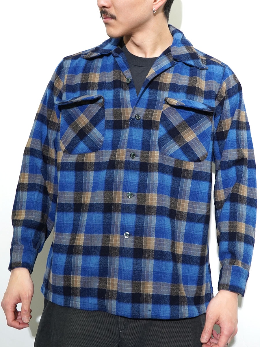 70's ペンドルトン 青ベース 好配色チェック ボードシャツ 表記(L