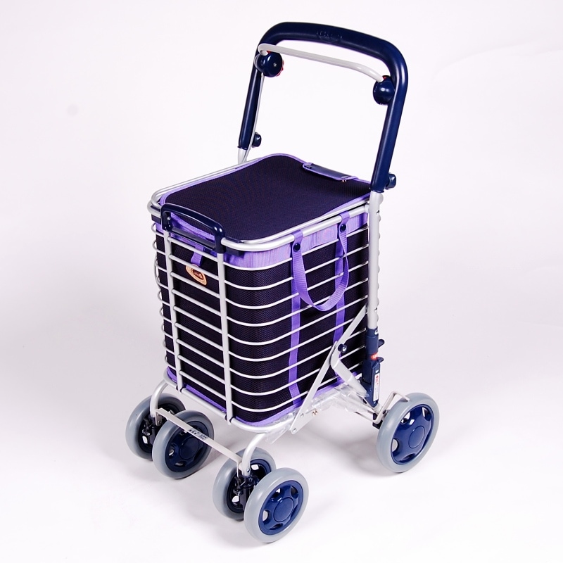 超売れ筋】ブレーキ付きアルミワイヤーカート メッシュ紺 ｜ シルバー