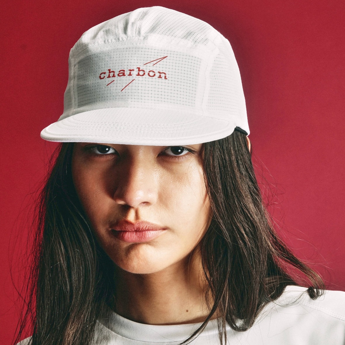 charbon / 5 PANEL RUNNIG CAP WHITE RED